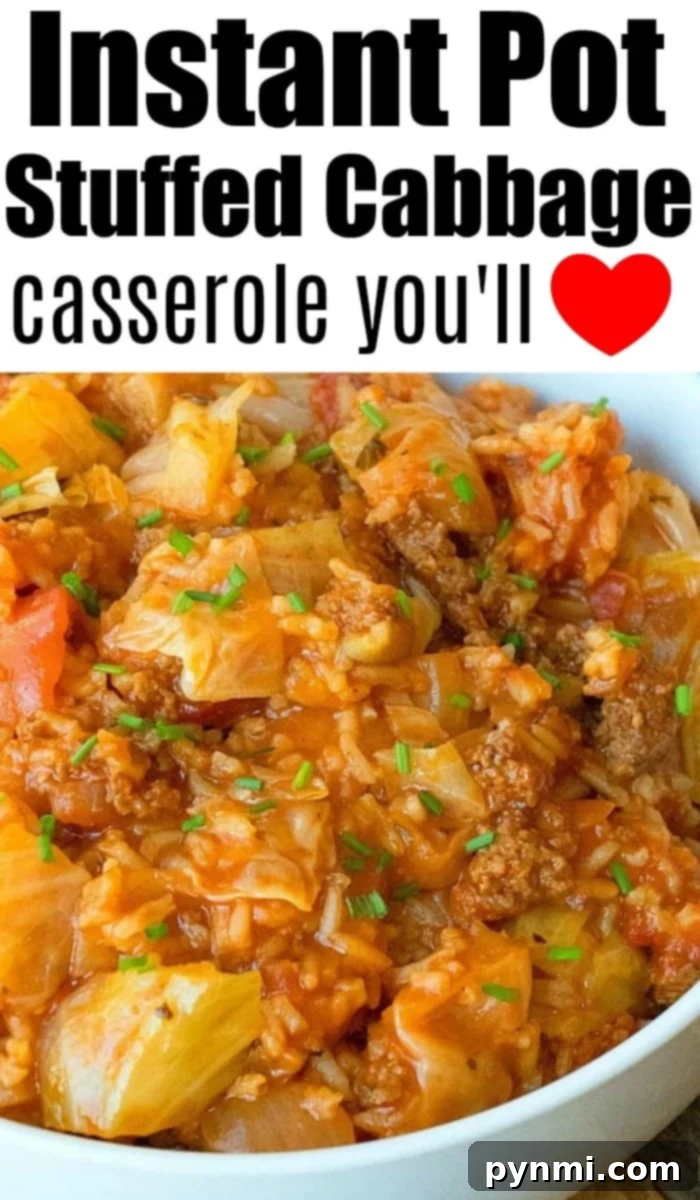 A close-up of a hearty Instant Pot cabbage casserole, with tender cabbage leaves, ground meat, and a rich sauce, topped with melted cheese, served in a rustic dish.