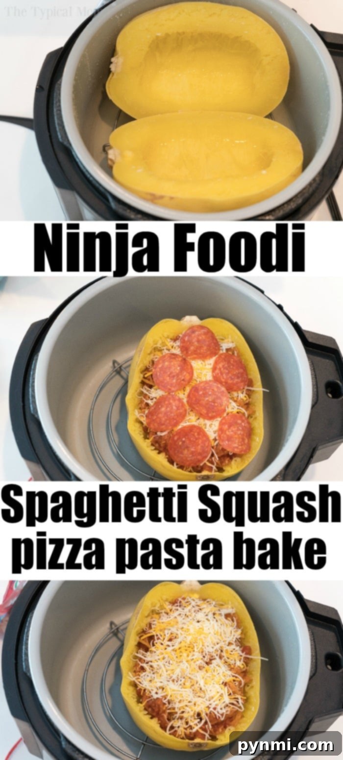 Spaghetti squash halves cooked and ready in a Ninja Foodi, prepared for pizza assembly.