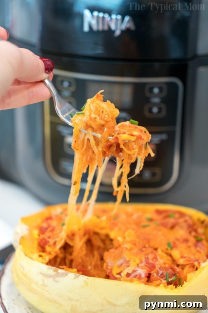 Ninja Foodi Spaghetti Squash Pizza Pasta, a healthy and delightful low-carb dinner option for the family.