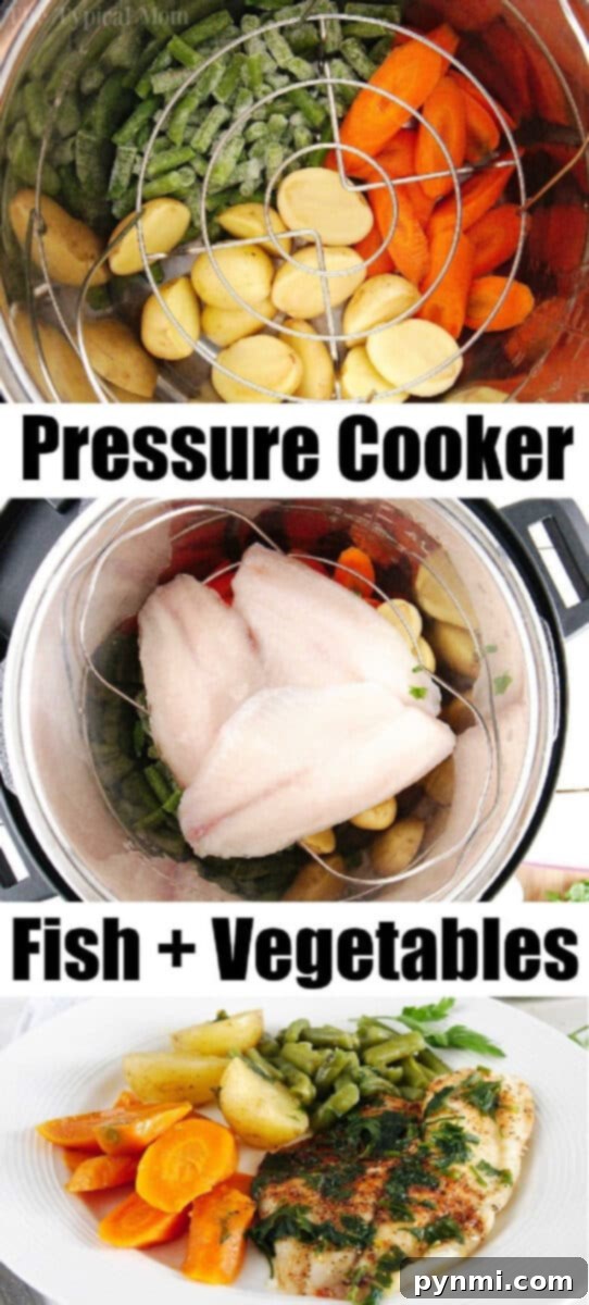Instant Pot tilapia cooked with carrots, potatoes, and green beans, then served on a plate as a wholesome meal.