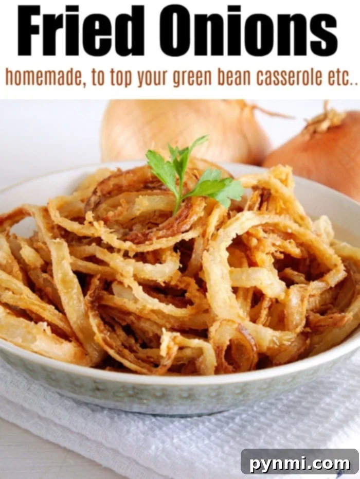 Homemade Crispy Fried Onions: Better than Canned! Crispy Fried Onions served in a bowl, ready to be topped on dishes.
