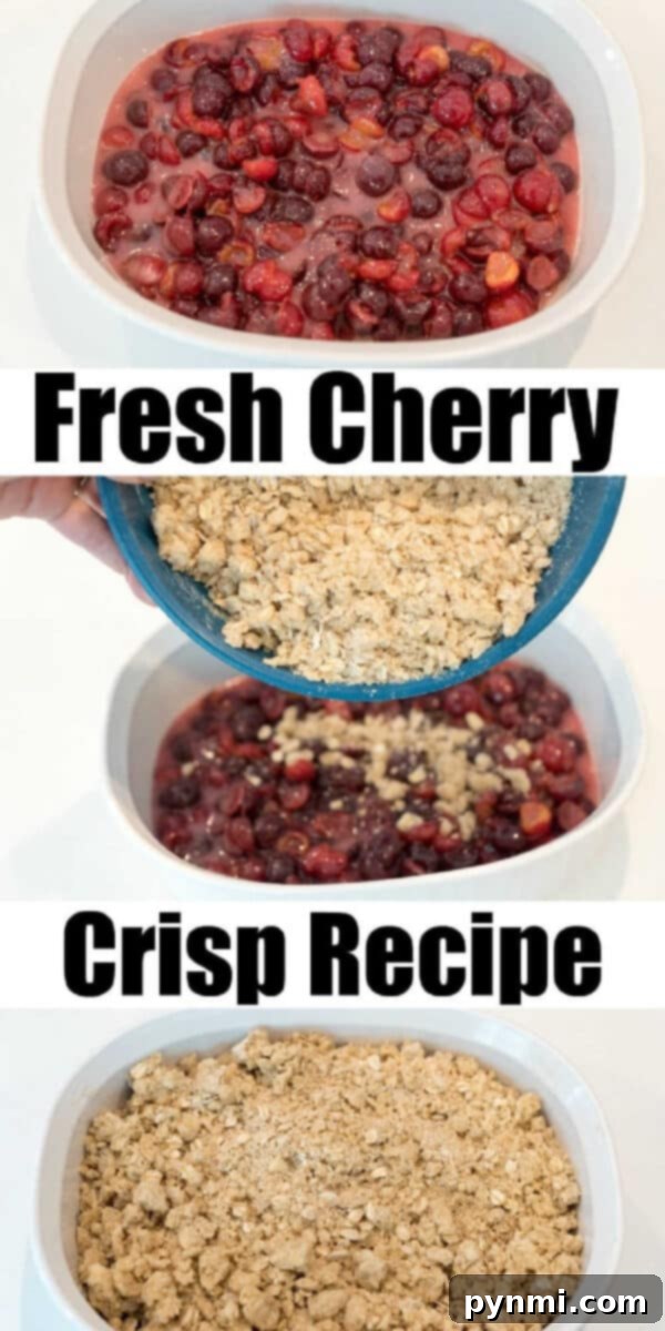 Fresh cherry crisp recipe that's easy to throw together and can be made with fresh pie cherries too! If you love cobbler for dessert, this is going to be a hit. #cherrycrisp #cherryrecipes #cherrydessert #dessert #cherrycobbler #cobbler Stages of making cherry crisp: fresh cherries in a bowl, crumb topping being added to cherries in a baking dish, and the finished unbaked cherry crisp ready for the oven.