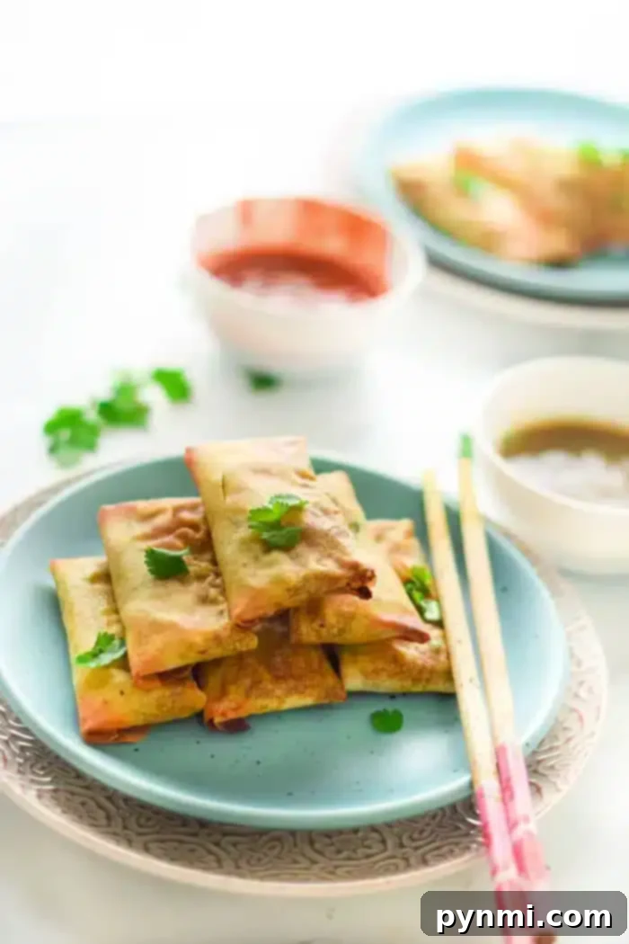 A plate with golden-brown air fryer egg rolls, garnished with fresh cilantro, sits on a patterned dish. Chopsticks and two bowls of dipping sauce (one reddish, one brown) are in the background.
