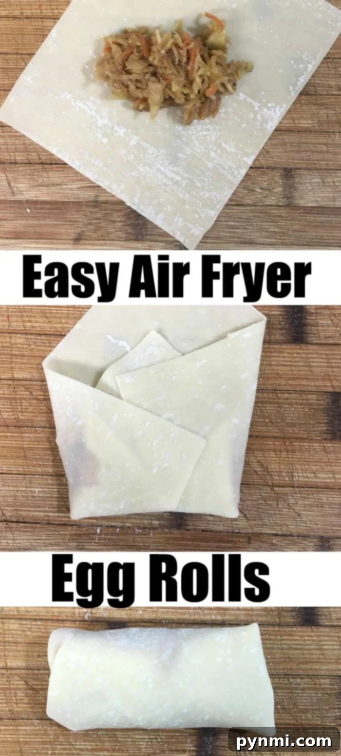 Step-by-step process of folding air fryer egg rolls on a rustic wooden surface, demonstrating how to create perfect, crispy treats.