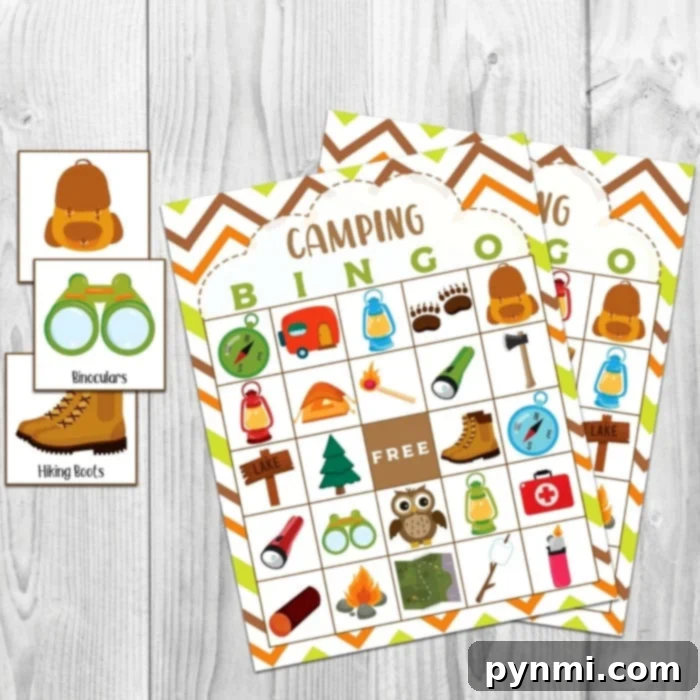 Camping Adventure Bingo Printable 3 Camping themed birthday party setup with a bingo game
