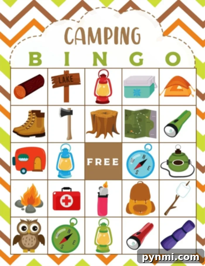 Camping Adventure Bingo Printable 5 Free Printable Camping Bingo Game with various cards and markers