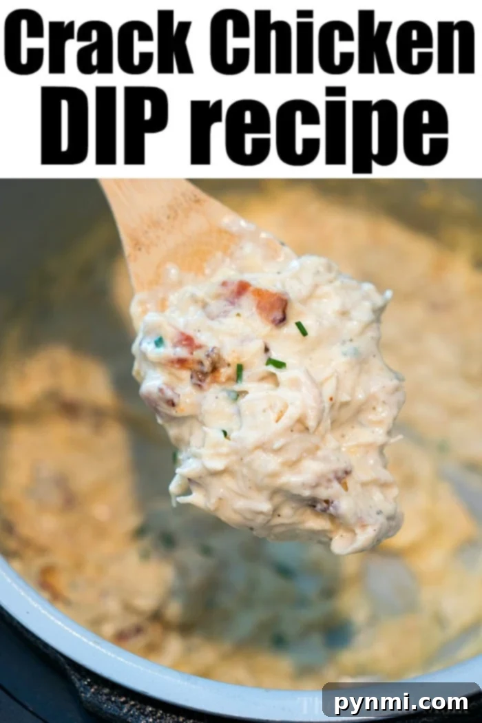 Crack chicken dip is the best ever! Served with chips or with bruschetta it's a cream cheese chicken snack your party guests will love. #crackchicken #dip #crack #chicken #creamcheese #party A serving bowl filled with a generous amount of creamy Crack Chicken Dip, garnished with fresh green onions and crispy bacon bits, surrounded by an assortment of crunchy dippers like tortilla chips and toasted bread.