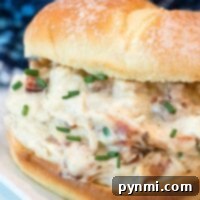 A sandwich filled with creamy Ninja Foodi crack chicken and bacon, garnished with chopped chives. It sits on a square, white plate, with a blurred blue patterned background.