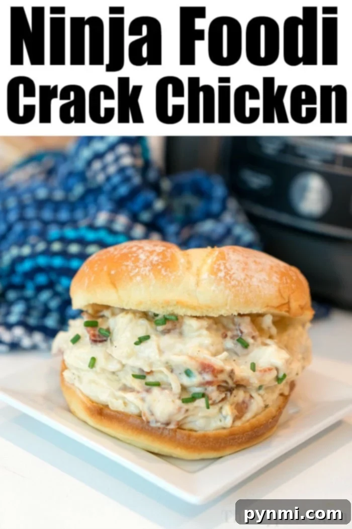 A sandwich filled with creamy chicken and chives lays invitingly on a square white plate. The background showcases a blue checkered cloth and the edge of a kitchen appliance, perfectly capturing the essence of Ninja Foodi Crack Chicken displayed at the top.
