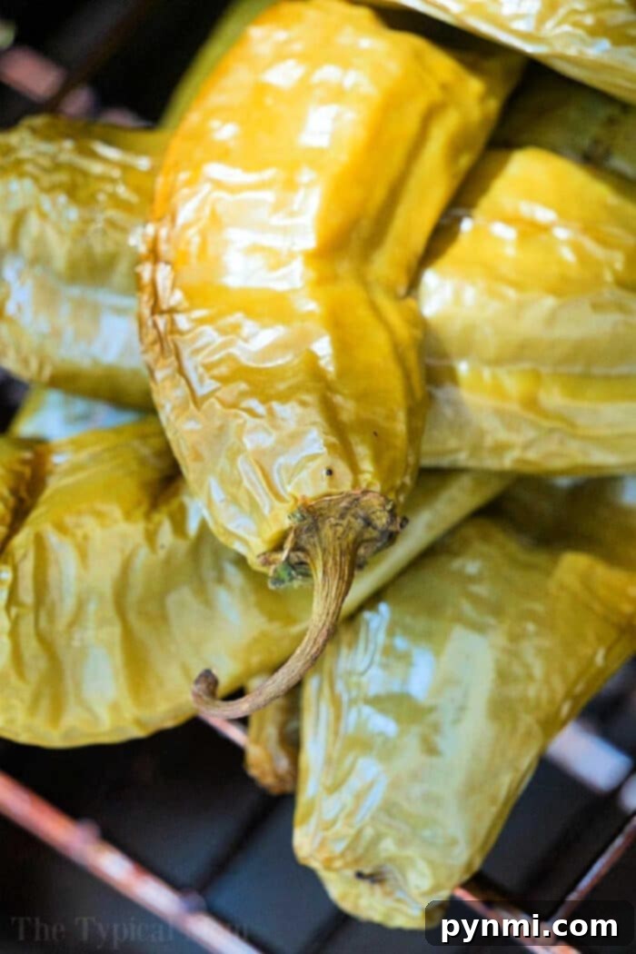 Close-up of roasted hatch chiles stacked together, perfect for spicing up your favorite hatch chile recipes.