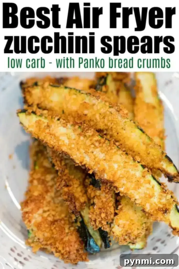 A bowl of golden-brown zucchini spears coated in Panko bread crumbs. The text above reads, "Best Air Fryer zucchini fries low carb - with Panko bread crumbs." The spears are arranged in a pile, showcasing their crispy texture.