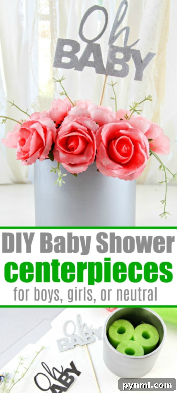A completed DIY baby shower centerpiece with flowers, an 'Oh Baby' sign, and a decorative vase, ready for the event.