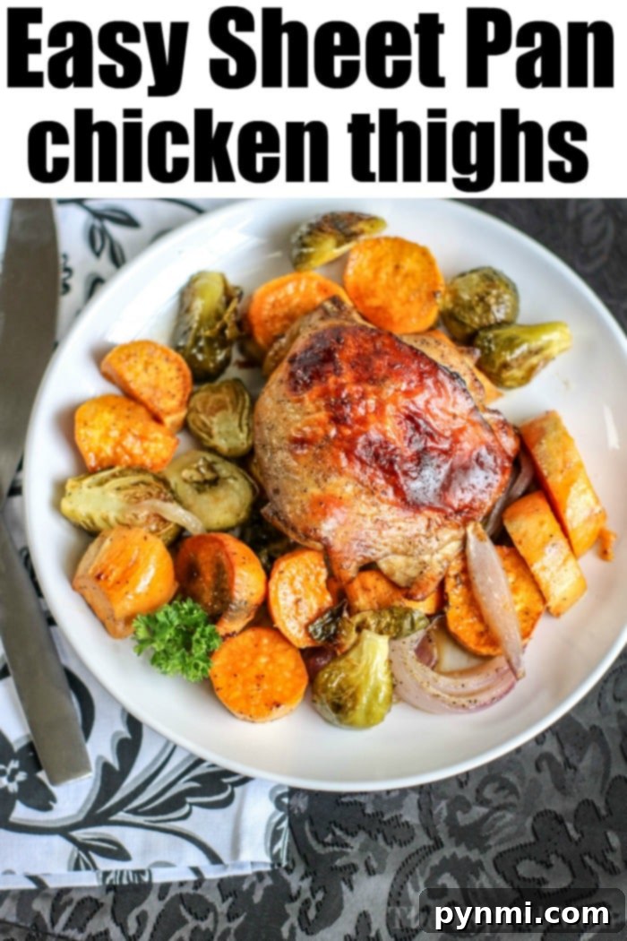 Sheet pan chicken thighs and vegetables are so easy to throw together, bake, and enjoy with your family. A healthy meal with tons of flavor for the win. #chickenthighs #chickenrecipes #sheetpanrecipes #sheetpanchicken A close-up of beautifully roasted chicken thighs with crispy skin, seasoned to perfection.