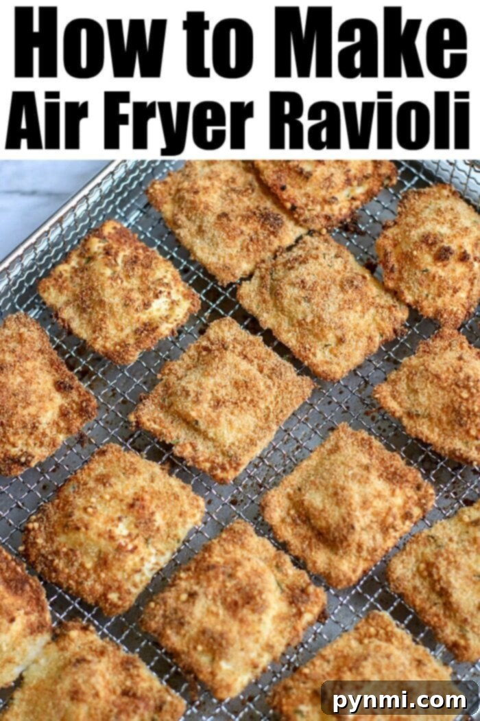 Crispy Air Fried Ravioli 3 Crispy air fryer ravioli arranged in a single layer in the air fryer basket for optimal cooking