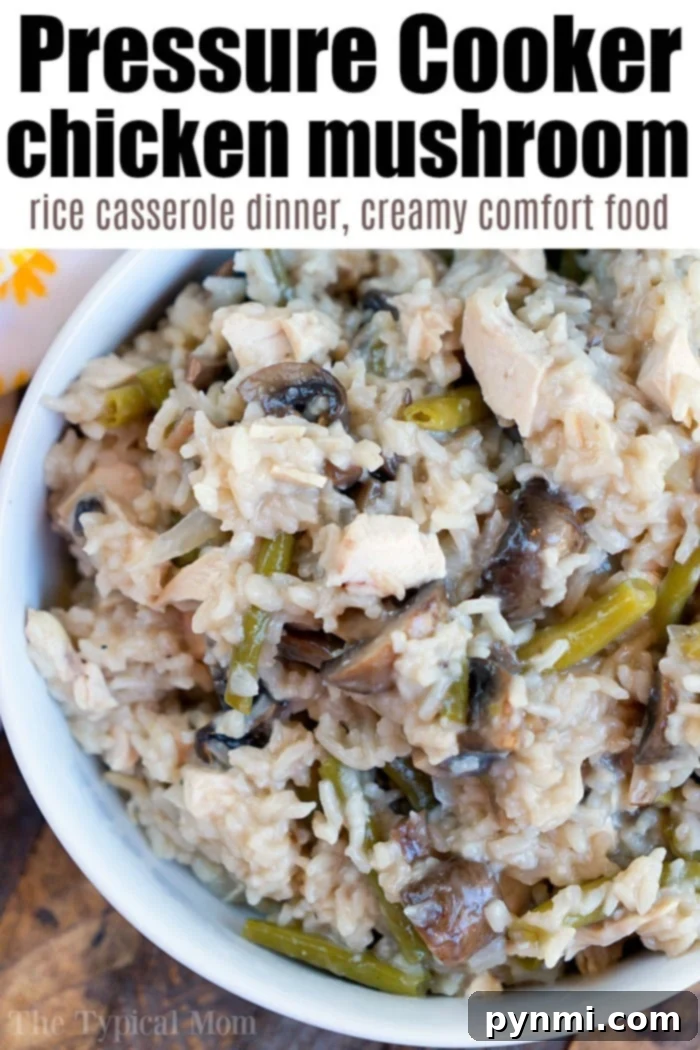 Pressure Cooker Chicken Mushroom Casserole, a creamy dish with tender chicken, mushrooms, and rice, perfect for a cozy meal.