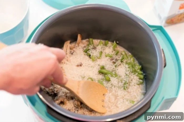 Creamy pressure cooker cream of mushroom rice with a rich texture and comforting aroma.