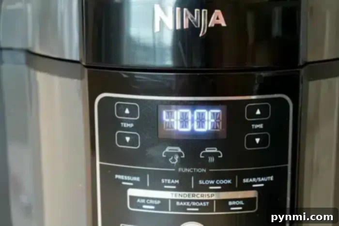 Close-up of a Ninja multi-function kitchen appliance. The digital display shows "4:00." Buttons for various functions including Temp, Time, Pressure, Steam, Slow Cook, Sear/Sauté, Air Crisp, Bake/Roast, and Broil are visible below the display. Refer to the air fryer cooking times chart for precise results.