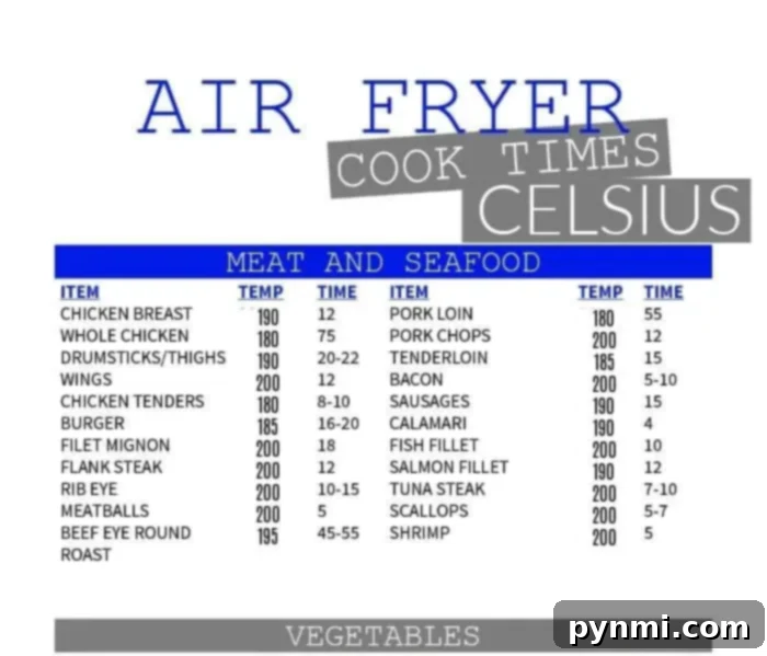 A chart titled "Air Fryer Cook Times Celsius" provides information on cooking temperatures and times for various meats, seafood, and vegetables. This air fryer cooking times chart includes items like chicken breast, steak, shrimp, and broccoli with specific temperature and time settings in degrees Celsius.