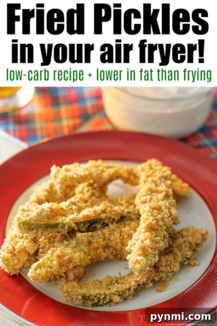 A plate of golden brown air fryer fried pickles, perfect with ranch dressing.