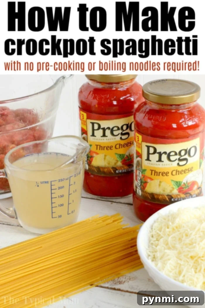 Crockpot spaghetti and meatballs is a game changer! NO need to boil noodles when making this pasta dinner in your slow cooker. Homemade comfort food. #crockpot #spaghetti #slowcooker #crockpotspaghetti #spaghettiandmeatballs Crockpot spaghetti with meatless option and herbs on top.
