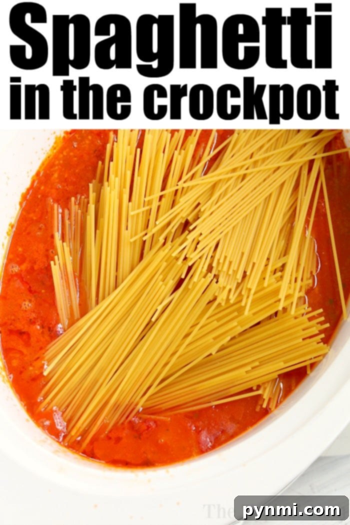 Crockpot spaghetti is a game changer! NO need to boil noodles when making this pasta dinner in your slow cooker. Homemade comfort food. #crockpot #spaghetti #slowcooker #crockpotspaghetti #spaghettiandmeatballs A large pot of crockpot spaghetti, with noodles and meatballs visible, ready to be served.