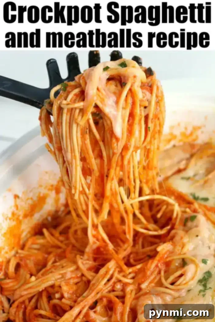 Slow cooker spaghetti and meatballs is a game changer! NO need to boil noodles when making this pasta dinner in your slow cooker. Homemade comfort food. #crockpot #spaghetti #slowcooker #crockpotspaghetti #spaghettiandmeatballs Close up view of Crockpot spaghetti and meatballs with jar sauce, garnished with parsley.
