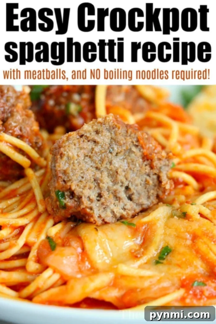 Crockpot spaghetti and meatballs is a game changer! NO need to boil noodles when making this pasta dinner in your slow cooker. Homemade comfort food. #crockpot #spaghetti #slowcooker #crockpotspaghetti #spaghettiandmeatballs Crockpot Spaghetti and Meatballs in a slow cooker, ready to be dished out.