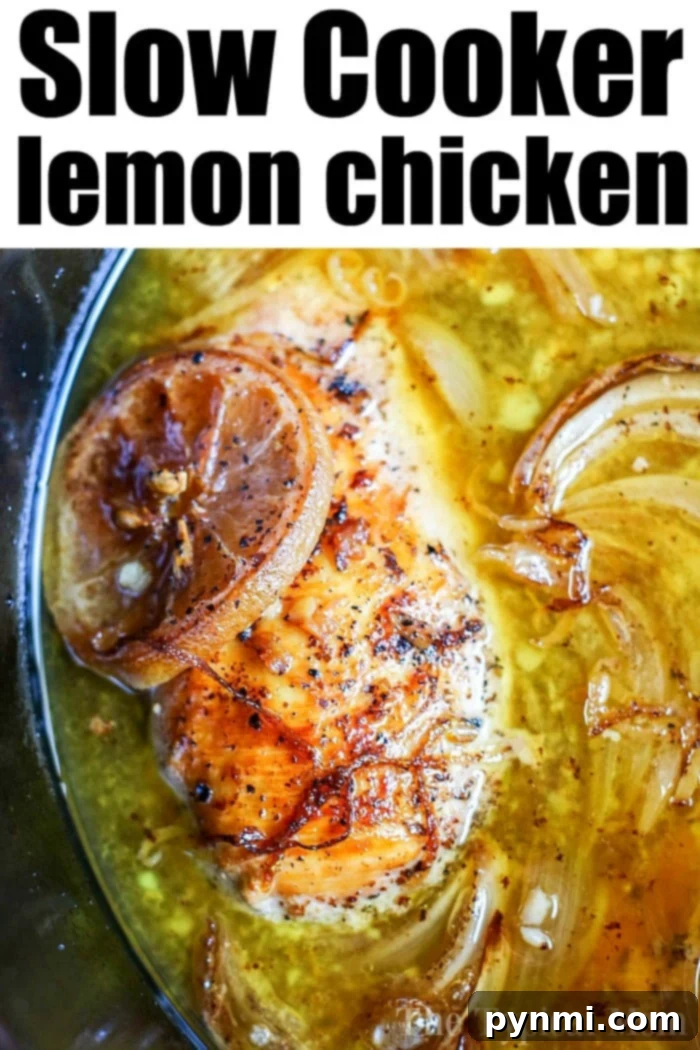 Feast for Less: Simple Slow Cooker Dishes 10 Crockpot lemon chicken with herbs and lemon slices.