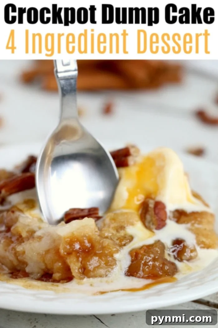 Feast for Less: Simple Slow Cooker Dishes 12 A spoon scoops a portion of crockpot apple dump cake with visible nuts and sauce, labeled as a 4 ingredient dessert.
