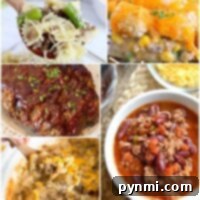 Collage of beef recipes: easy crockpot cheesy pasta, casserole, glazed loaf, chili, and a savory dish with vegetables.