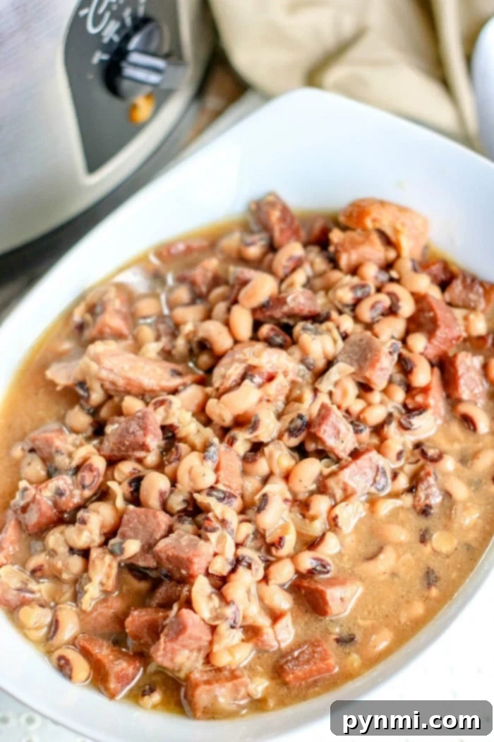 Feast for Less: Simple Slow Cooker Dishes 9 Slow Cooker Black Eyed Peas served in a bowl, garnished with green onions.