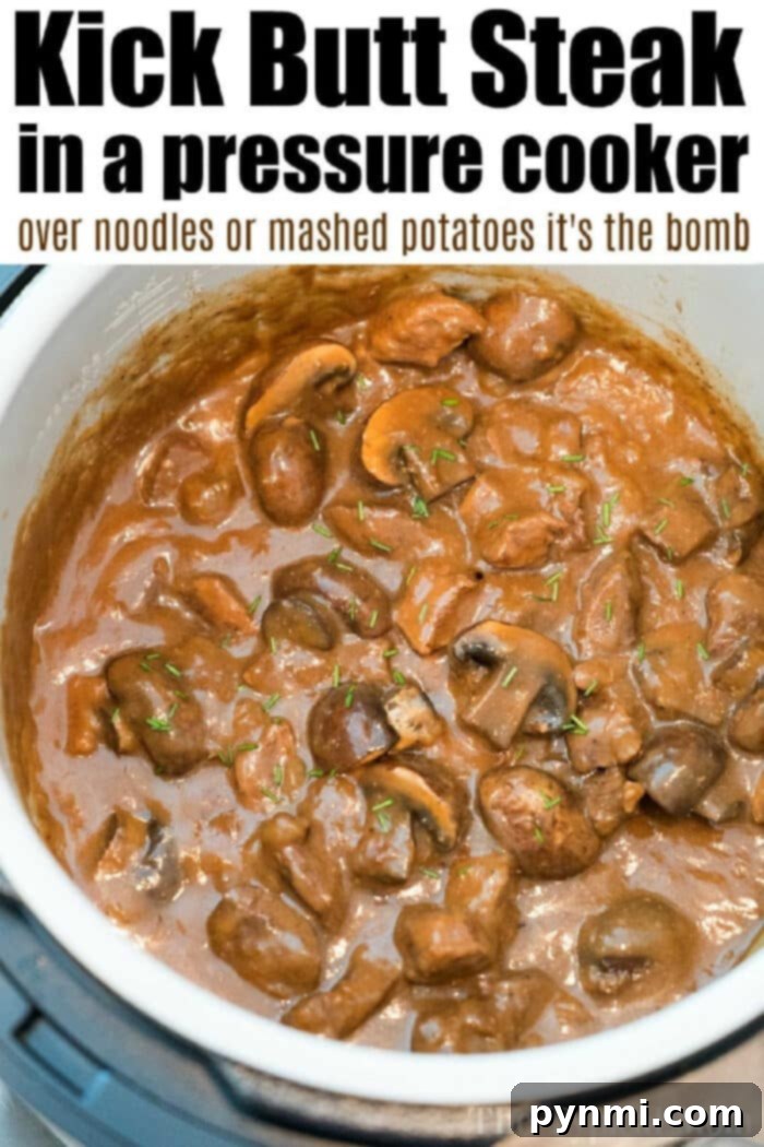 Beef tips and mushroom gravy in an Instant Pot is the bomb! Tender sirloin or stew meat in your pressure cooker packed with flavor everyone will love. #instantpot #thetypicalmom #beeftips #beef #gravy #cubedsteak #steak #pressurecooker #ninjafoodi Pressure-cooked beef stew meat with mushrooms in a pot, captioned Kick Butt Steak in the Instant Pot with savory beef tips.