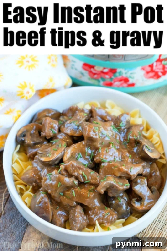 This Instant Pot beef tips and mushroom gravy recipe is the bomb! Tender sirloin or stew meat in your pressure cooker packed with flavor everyone will love. #instantpot #thetypicalmom #beeftips #beef #gravy #cubedsteak #steak #pressurecooker #ninjafoodi Instant Pot Beef Tips