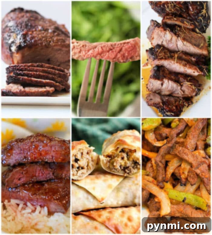 Sizzling Steak Creations 2 A vibrant collage showcasing diverse pressure cooker steak recipes, including perfectly seared steak slices, tender beef tips served over rice, flavorful stuffed wraps, and quick stir-fries.