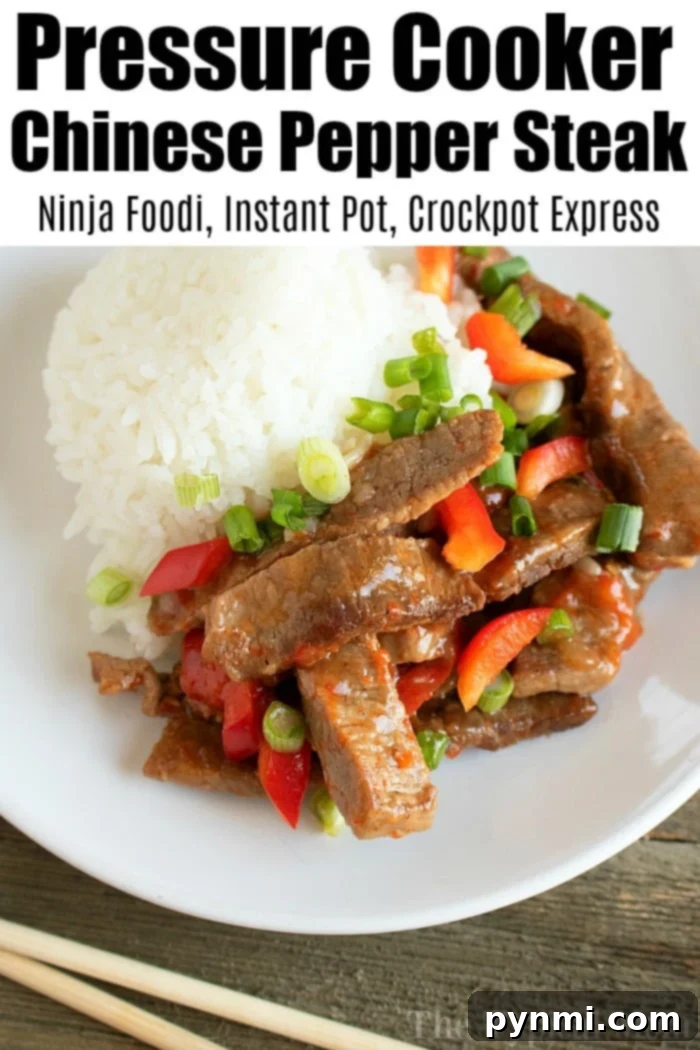 Sizzling Steak Creations 4 A vibrant and appetizing image of Pressure Cooker Chinese Pepper Steak, featuring tender beef strips, colorful bell peppers, and a rich sauce.