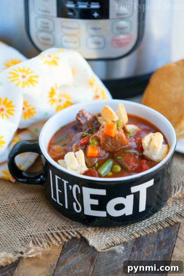 Sizzling Steak Creations 7 A hearty and comforting bowl of Instant Pot beef pot pie soup, topped generously with golden-brown crumbled biscuits.