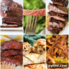 A collage of various beef dishes, including sliced steak, instant pot steak recipes with beef pieces on rice, stuffed wraps, and stir-fry, highlighting the versatility of Instant Pot cooking.