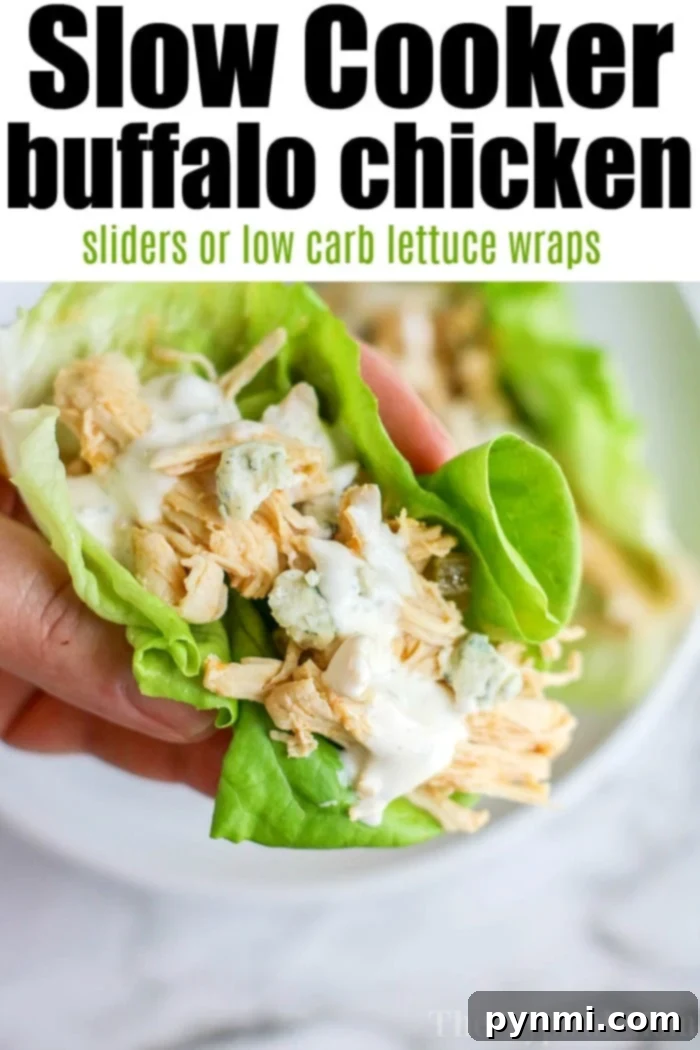 Low Carb Crockpot buffalo chicken sliders are so good! Make wrapped in lettuce or on small buns as an appetizer or tasty main dinner. Slow Cookers rock. #crockpot #crockpotrecipes #crockpotchickenrecipes #buffalochicken #lettucewraps #spicychicken #slowcookerchicken #buffalochickensliders An appetizing close-up of a low-carb Crockpot buffalo chicken lettuce wrap, highlighting the fresh ingredients and spicy filling.