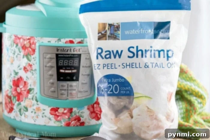 Speedy Instant Pot Shrimp Feast 3 Close-up of frozen raw shrimp in a bowl, ready for cooking in the Instant Pot shrimp boil.