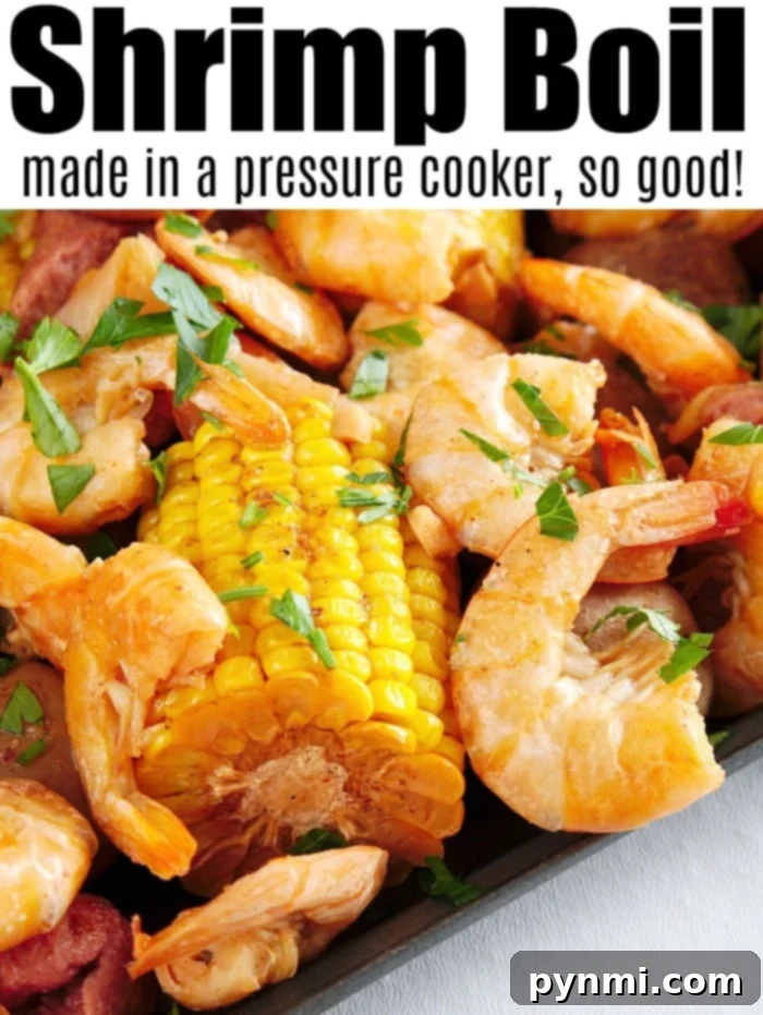 Speedy Instant Pot Shrimp Feast 5 A large serving tray showcasing a perfectly cooked Instant Pot shrimp boil, complete with vibrant shrimp, corn, potatoes, and sausage.