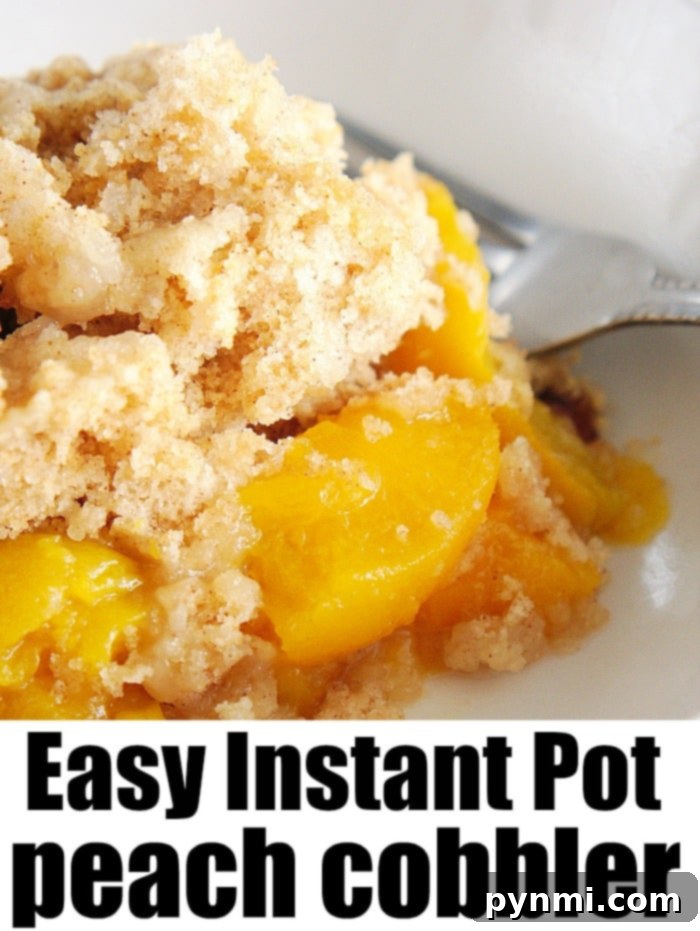Best Instant Pot peach cobbler you can make in your pressure cooker in no time. The perfect fruit dessert with a crumble topping you've got to try tonight! Serving of Instant Pot peach cobbler.