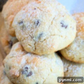 Close-up of sugar-dusted chocolate chip cookies stacked on a plate, reminiscent of pecan snowball cookies in their irresistible appeal.