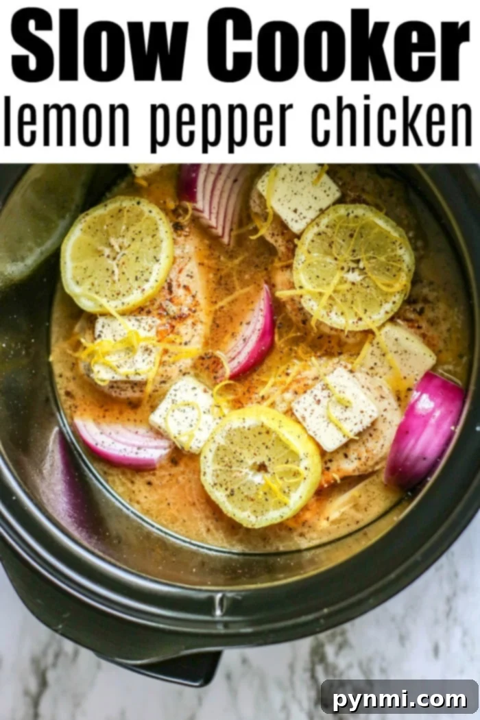 Slow Cooker Lemon Pepper Chicken served over white rice with fresh herbs.