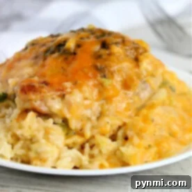 Crockpot cheesy chicken and rice on a white plate, topped with melted cheese and herbs.