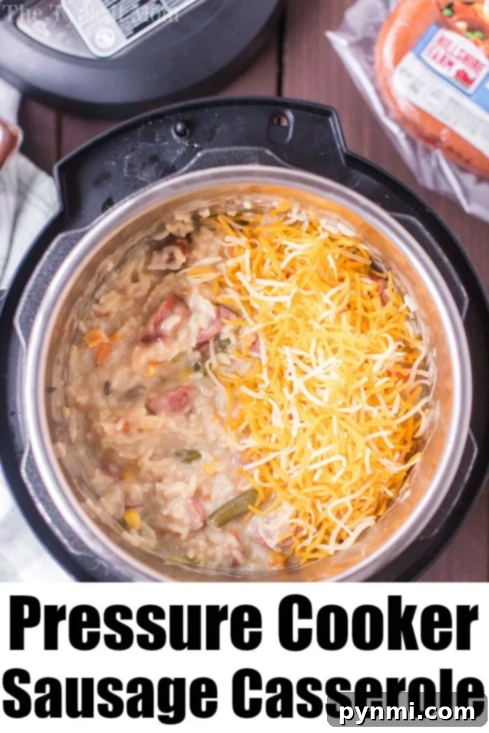 Pressure cooker sausage and rice is so good! A cheesy casserole packed with smoked sausage, tender rice and vegetables cooked all in one pot in no time at all. #instantpot #instantpotrecipes #sausage #rice #casserole #cheesy #pressurecooker #ninjafoodi A serving of Instant Pot sausage casserole, rich with cheese and herbs, ready to be enjoyed.