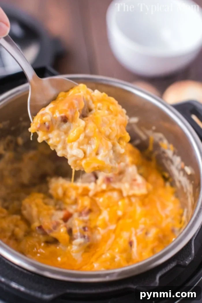 Sausage and rice cheesy casserole packed with smoked sausage, tender rice and vegetables cooked all in one pot in no time at all. #instantpot #instantpotrecipes #sausage #rice #casserole #cheesy #pressurecooker #ninjafoodi A generous serving of Instant Pot cheesy sausage and rice casserole, perfect for a comforting meal.
