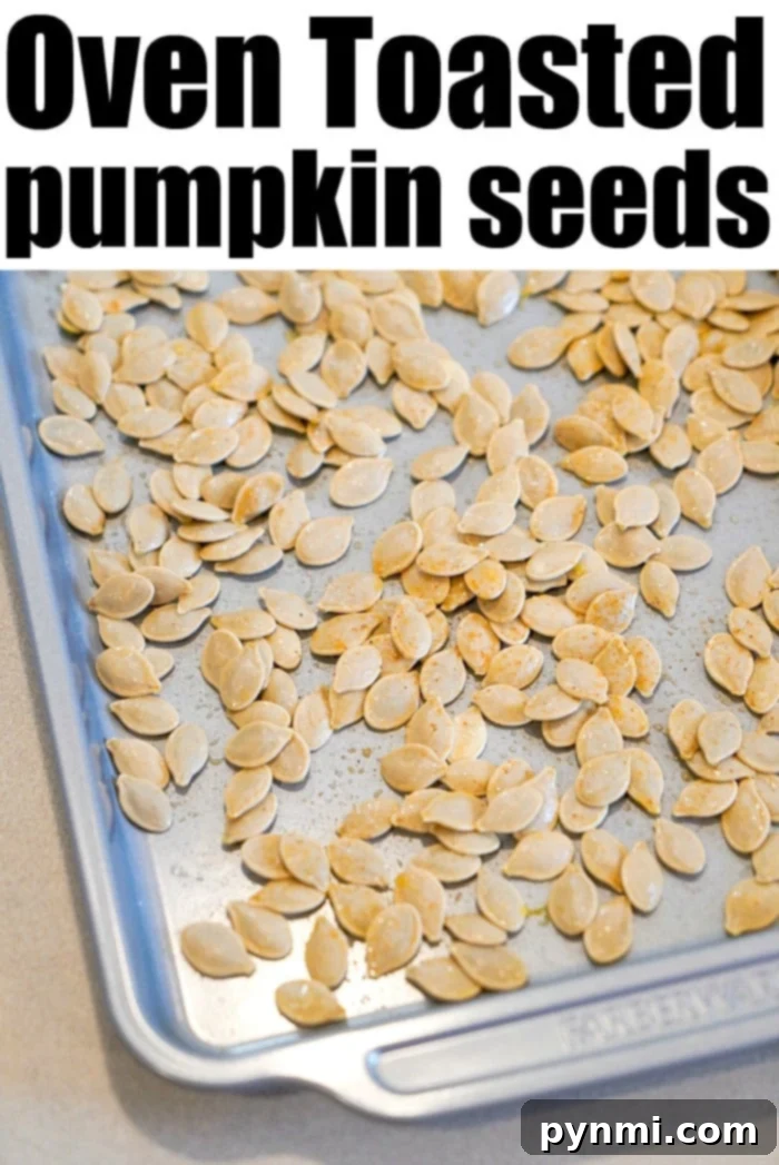 Perfectly Roasted Pumpkin Seeds 5 A close-up of perfectly baked pumpkin seeds, golden brown and glistening with seasoning, spread in a single layer on a baking sheet.