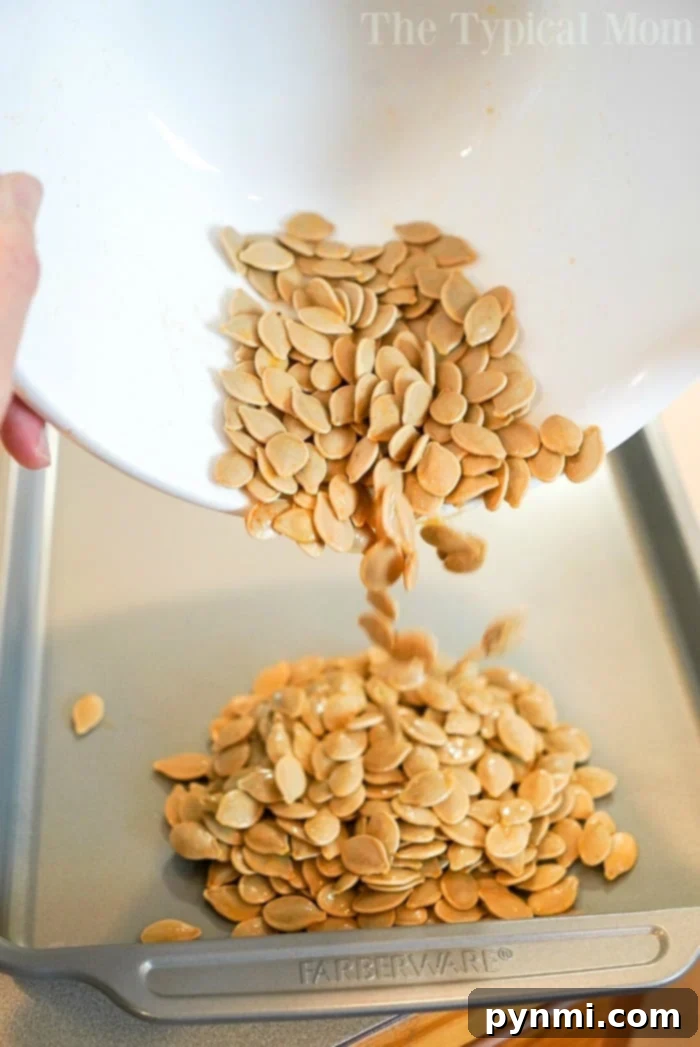 Perfectly Roasted Pumpkin Seeds 9 A bowl filled with freshly toasted pumpkin seeds, gleaming with savory seasoning, presented as a healthy snack option.
