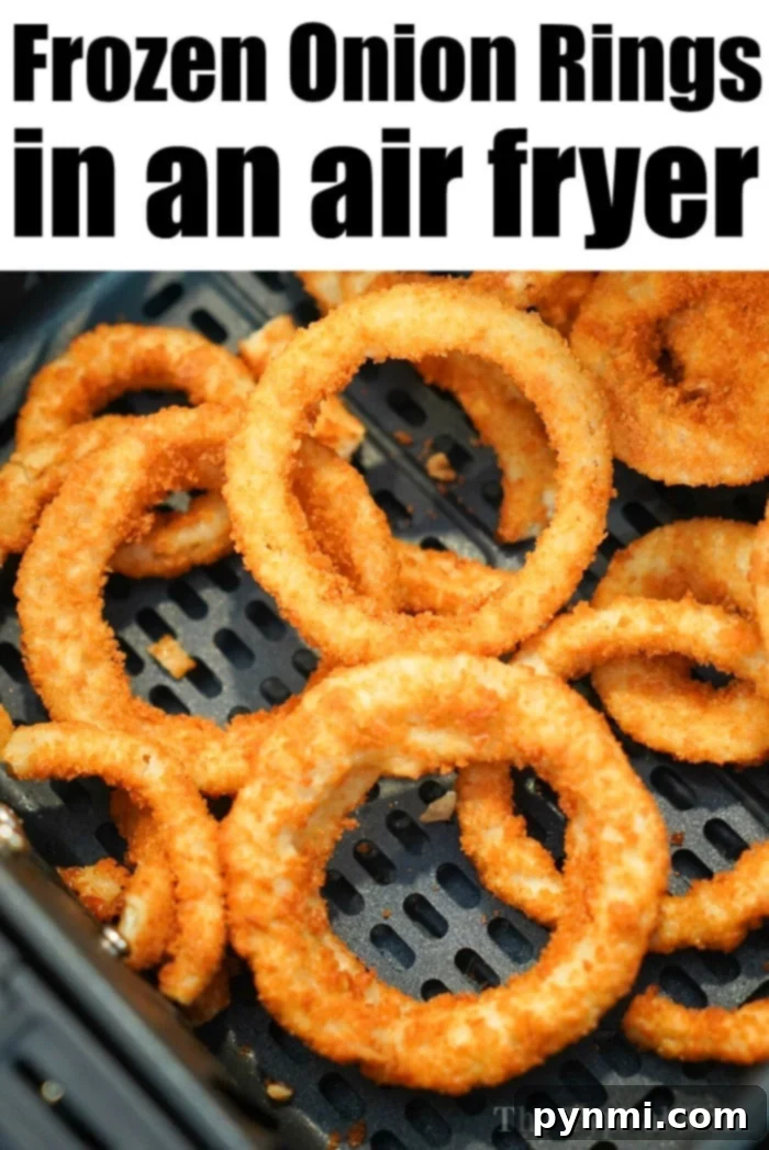 Perfectly Crispy Air Fryer Frozen Onion Rings 8 A close-up of a serving of perfectly air-fried frozen onion rings, showcasing their crispy exterior and tender interior.