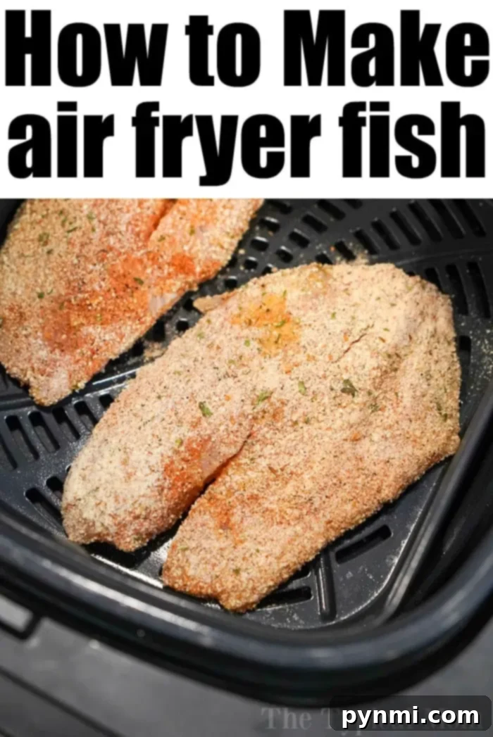 Air fryer fish is easy to make! Using fresh, frozen, or previously frozen fillets you can make tasty tilapia that's crunchy on the outside and flaky within. #airfryer #airfryerfish #airfryerrecipes #ninjafoodi #ninjafoodirecipes #tilapia #airfryertilapia Two breaded tilapia fillets are placed in an air fryer basket, ready to be cooked to perfection.